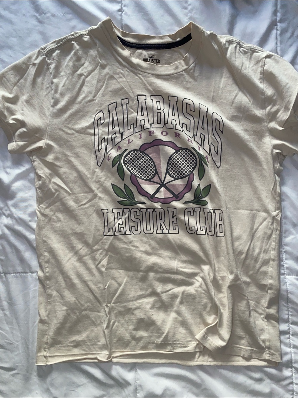 Hollister Cream Graphic Calabasas Leisure Club Tee with Green & Purple Accents